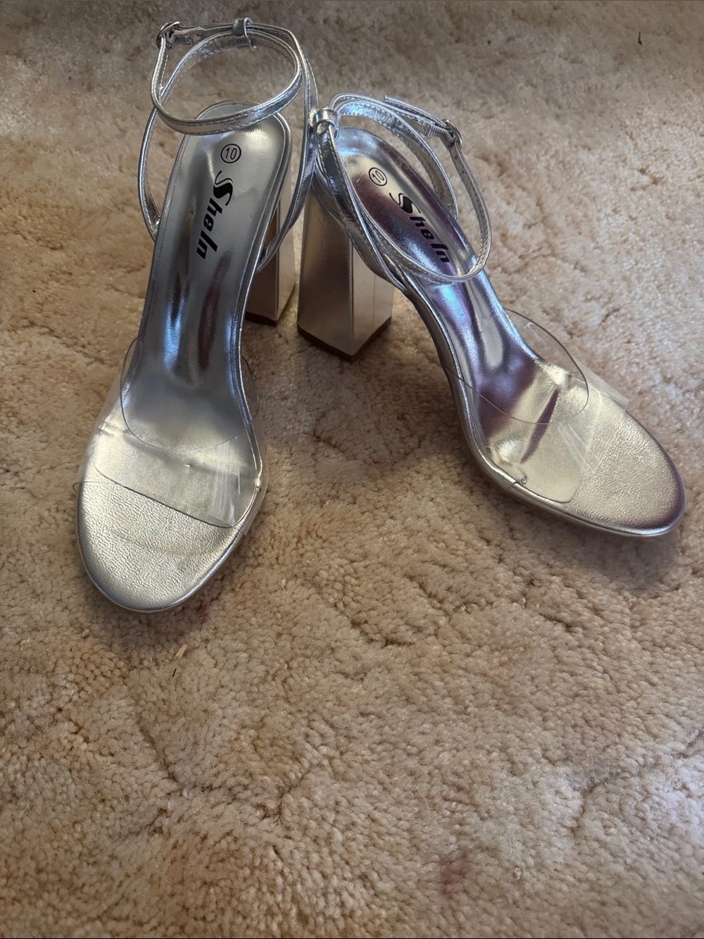 SHEIN Silver Clear Strap Block Heel Sandals